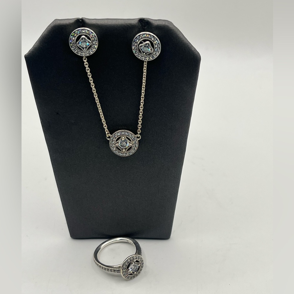 Pandora Sterling Jewelry Suite. Earrings, Necklace and Ring. Cz. - Picture 1 of 9